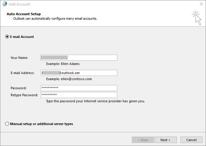 The Add Account Wizard will automatically look for your mail server settings.